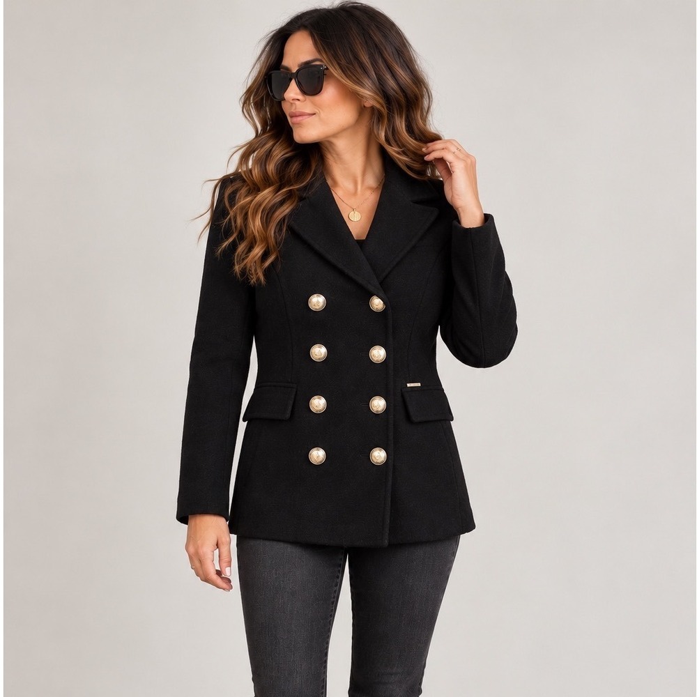GUESS Peacoat Womens XS Black Military Gold Button Nautical Preppy Old Money